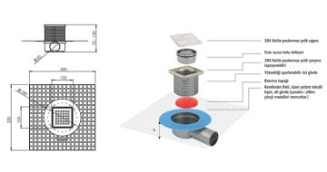 Sukar Yalıtım Uyumlu Çelik Çerçeveli Yer Süzgeci 15x15 cm Ø70 Alttan