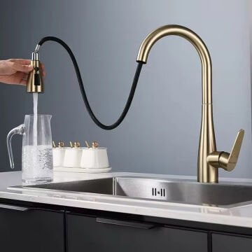 Fause Spiralli Eviye Bataryası Pull Down 3 Fonksiyonlu Fırçalanmış Altın KTE125-BG