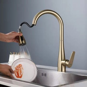 Fause Spiralli Eviye Bataryası Pull Down 3 Fonksiyonlu Fırçalanmış Altın KTE125-BG