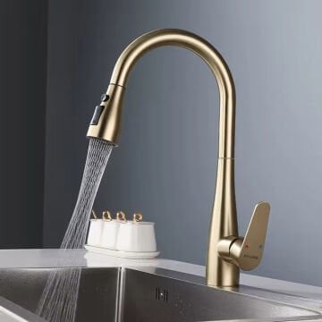 Fause Spiralli Eviye Bataryası Pull Down 3 Fonksiyonlu Fırçalanmış Altın KTE125-BG