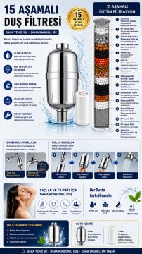 Fause Banyo Su Arıtma Cihazı Duş Filtresi 15 Aşama Filtreli Saç ve Cilt Dostu Klor Kireç Önleyici KSU201