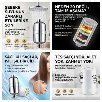 Fause Banyo Su Arıtma Cihazı Duş Filtresi 15 Aşama Filtreli Saç ve Cilt Dostu Klor Kireç Önleyici KSU201