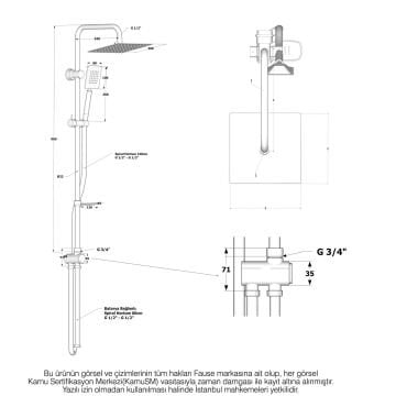 Fause Kolonlu Tepe Duş Seti Slim Çelik Başlıklar Siyah KDS101-B