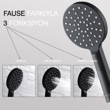 Fause Kolonlu Tepe Duş Seti 3 Fonksiyon El Başlıklı Siyah KDS121-B