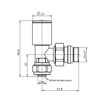Fause Radyatör Havlupan Vanası Köşe Tip Pex(16*2mm) Krom KVN102
