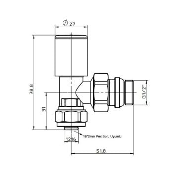 Fause Radyatör Havlupan Vanası Köşe Tip Pex(16*2mm) Siyah KVN102-B